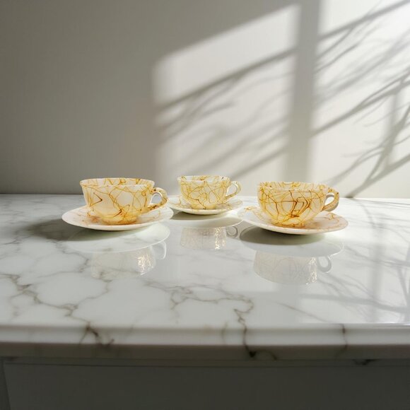 Vintage Hazel Atlas Spagetti Splatter Marbled Milk Glass Tea Cup & Saucer Set Of - Picture 2 of 11